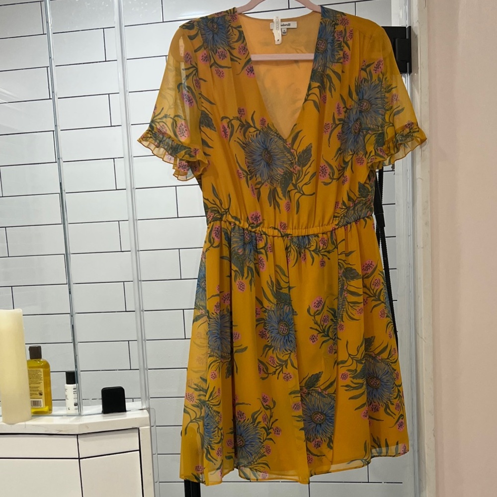 Madewell Mustard Floral V-Neck Mini Dress